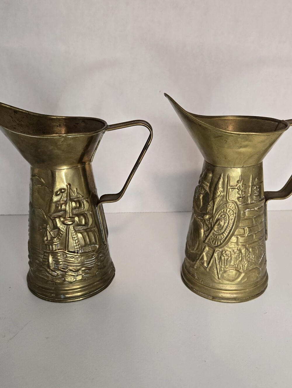 Vintage Peerage Brass Pitchers, England.  Woman At Spinning Wheel And Nautical